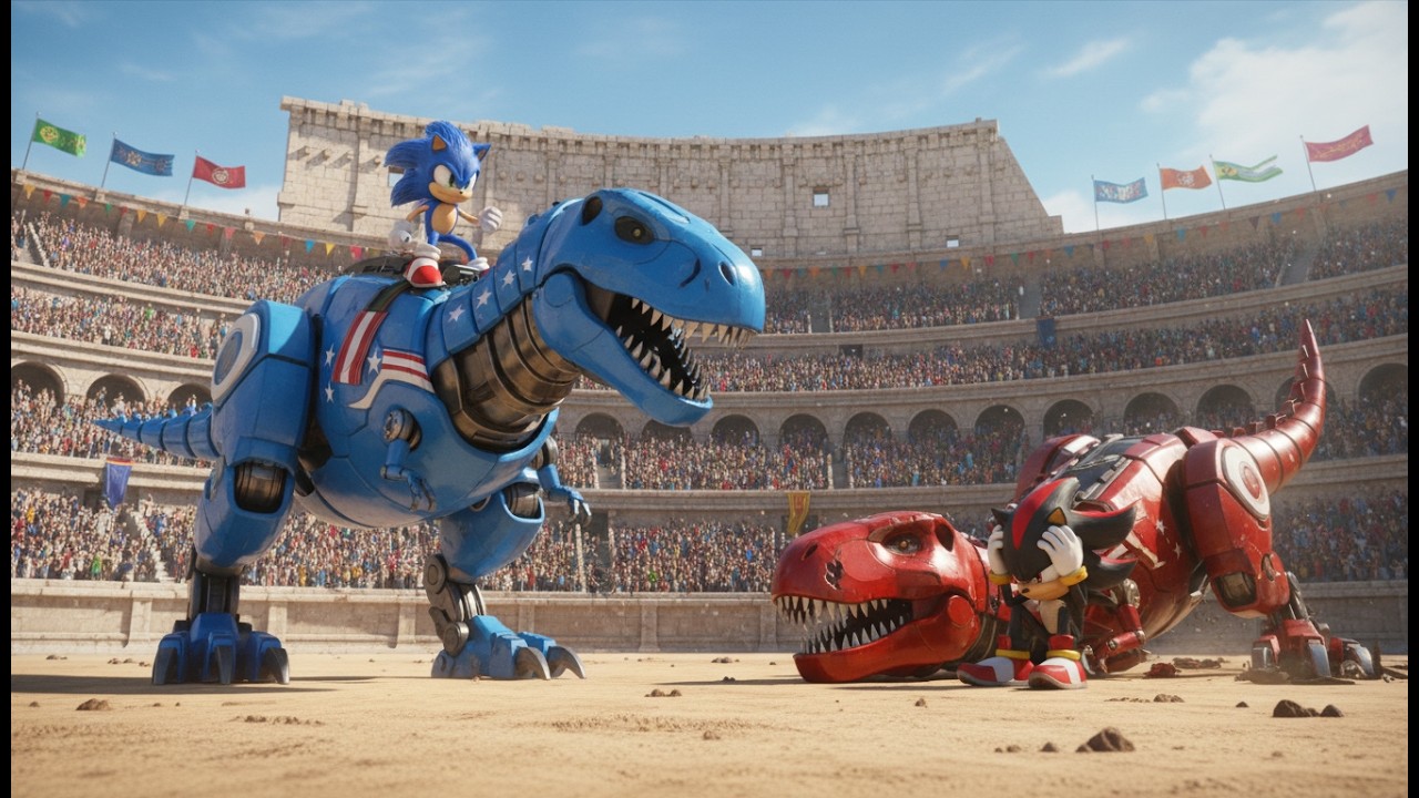 Sonic Commands Steel Beast Against Crimson Predator in Colosseum Fury ⚙️🦖⚡