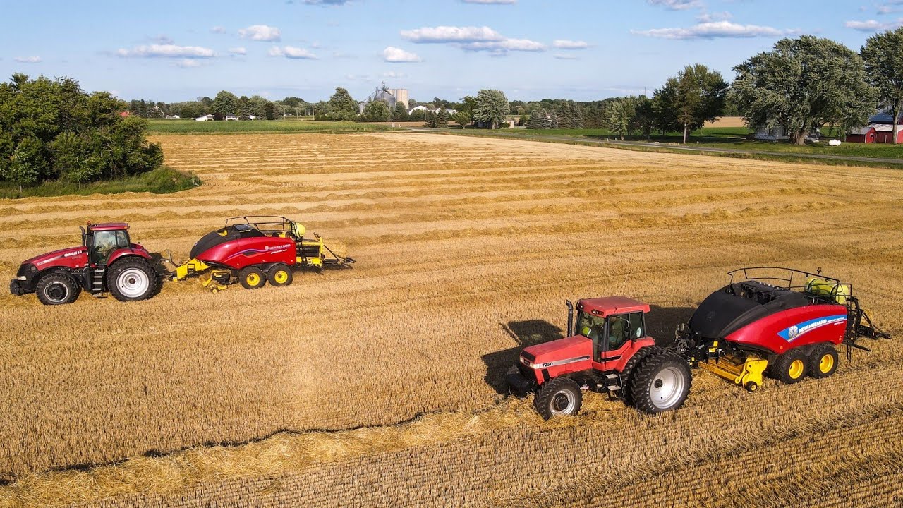 Pair of Case-IH Magnums and New Holland Big Balers eating straw in Michigan!