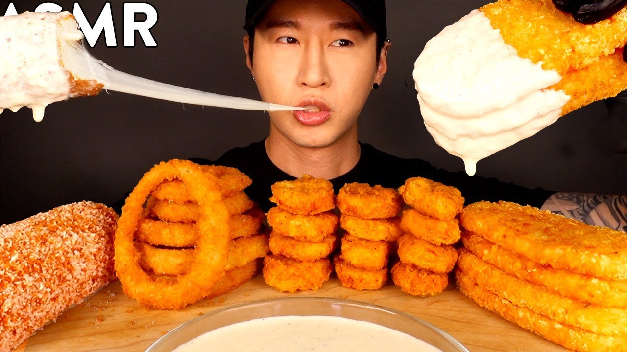 MOST POPULAR FOOD FOR ASMR + ALFREDO SAUCE (MOZZARELLA CORN DOG, NUGGETS, ONION RINGS, HASH BROWNS)