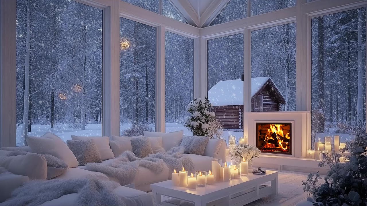 🎹 White Lounge Piano for Winter | Fireplace Warmth & Snowy Window | Deep Focus and Stress Relief