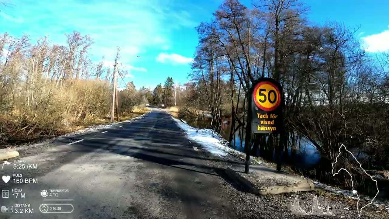 Virtual run #38: (45 min, 8 km, 5:29 min/km) Running Heliga Birgitta leden in Upplands Väsby/Sweden