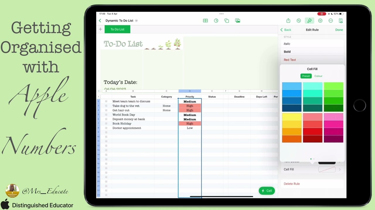 Organising with Apple Numbers - Automated To-Do List: Day 4 (Conditional Highlight Priority Text)