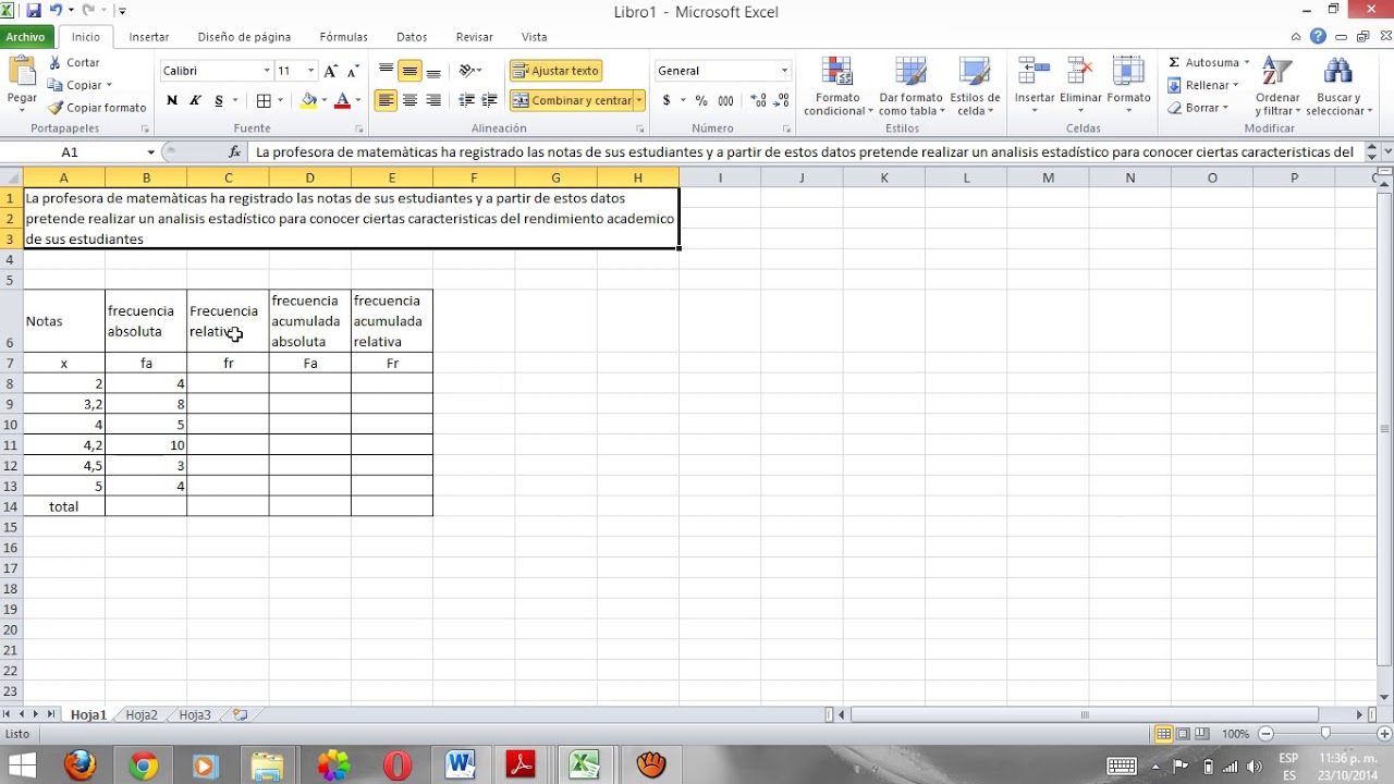 Estad&iacute;stica descriptiva datos no agrupados en excel
