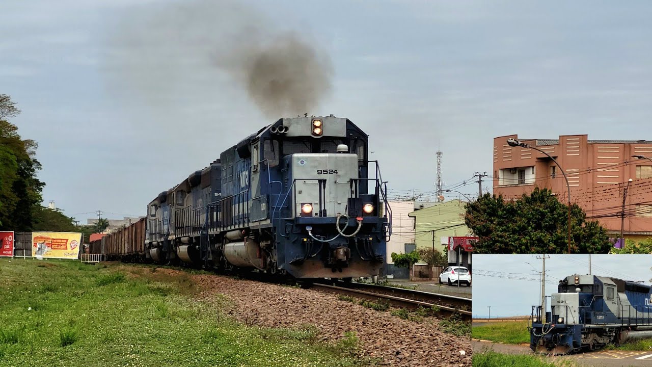 Trem com trio de SD40 acelerando forte no centro de Arapongas/PR