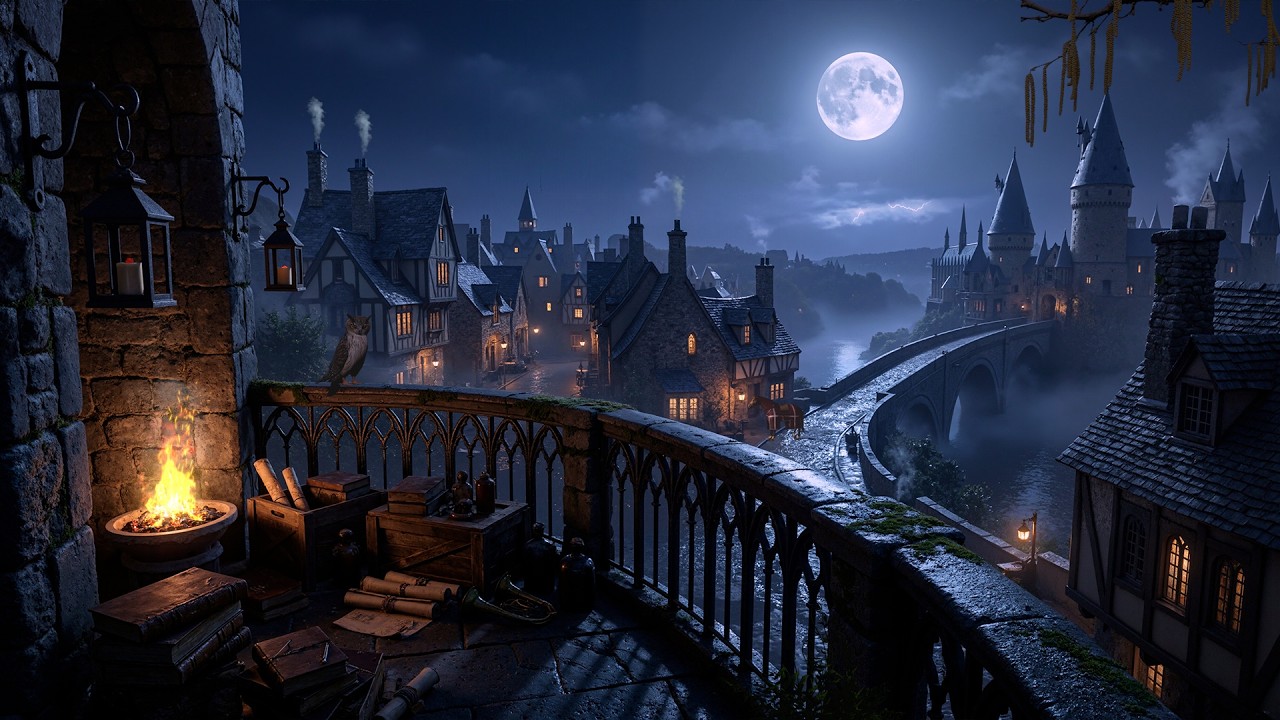 Relaxing Medieval Castle Balcony | Peaceful Village Medieval with Fireplace Sounds & Calm Crickets