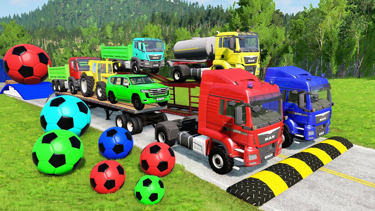 Flatbed Trailer Truck Transporting McQueen 🚛💥 Speedbumps, Cars & Train | BeamNG Drive #beamngdrive