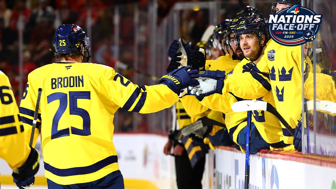 Jonas Brodin and SWEDEN are on the board in the 4 Nations Face-Off! 🇸🇪👑🇸🇪👑🇸🇪👑