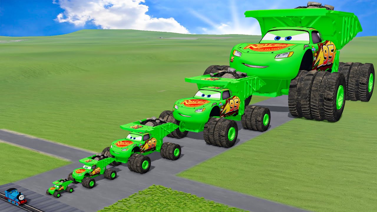 Big & Small Green Dump Truck Lightning Mcqueen vs Train Thomas | BeamNG.Drive
