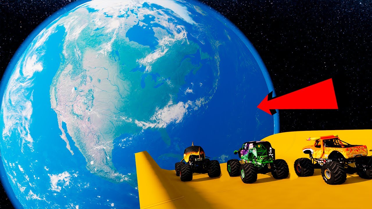 Grave Digger and MONSTER TRUCKS  vs  SPACE RAMPS - BeamNG Monster Truck Crashes