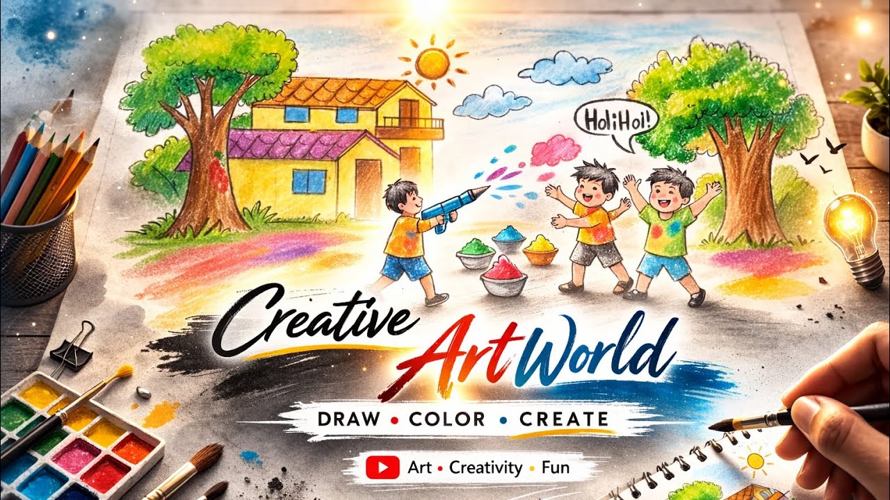 Beautiful Holi Drawing with Colour 🎨 | Easy Village Holi Scene Drawing Step by Step