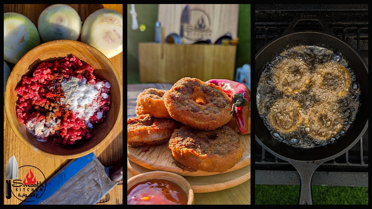(24) طريقة عمل حلقات بصل بانيه محشي لحم  #ع_الشواية-Smoothy way to make meat onion rings