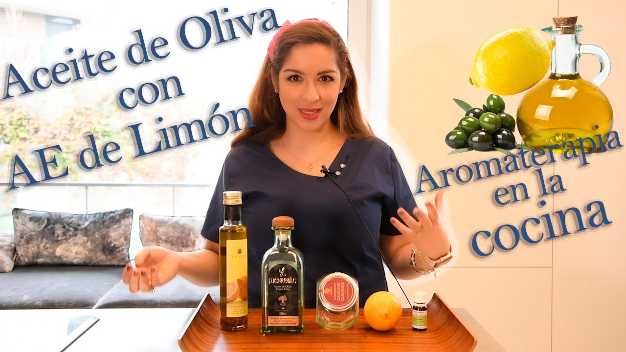 Aceite oliva con aceite esencial de limón. Aromaterapia en la cocina