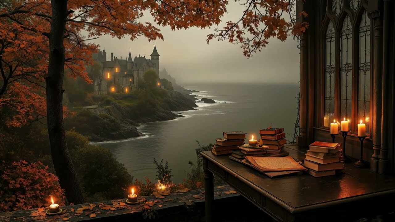 Ethereal Autumn at Balcony by the Seaside Castle Ambience | Dark Study Academia for Night Readers