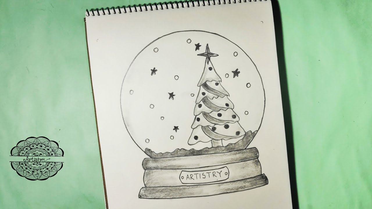 Easy Christmas Tree Drawing in Snow Globe - Pencil Sketch for Beginners | How to draw Christmas Tree