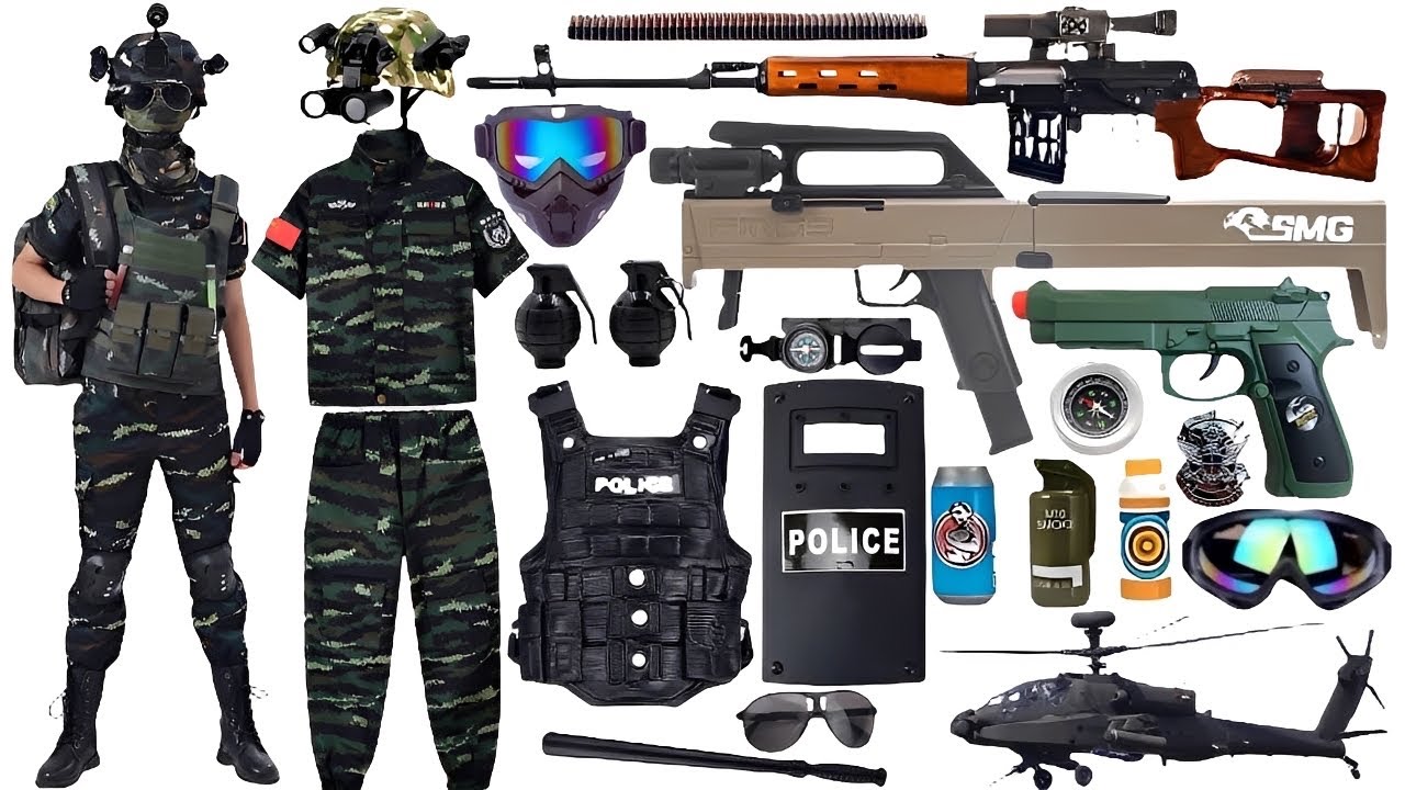 Unboxing collection of special forces toy guns: FMG9 folding submachine gun,Glock pistol, Colt M1991