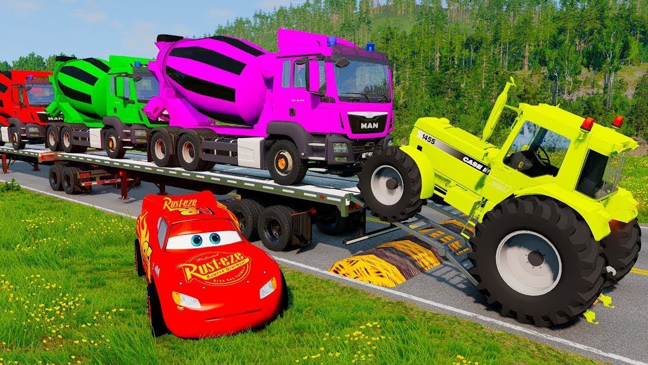 TRANSPORTING PIXAR CARS & FRUITS WITH COLORED & JOHN DEERE vs CLAAS vs TRACTORS - Beam NG drive #129