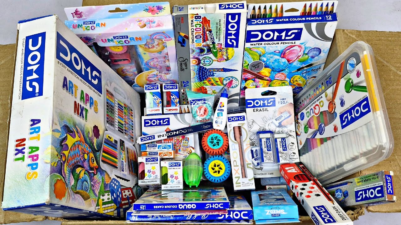 Latest DOMS Stationery🥰Aqua Colors, Brush Pens, Oil Pastels, Pen, Sharpener, Eraser, Hilighters etc