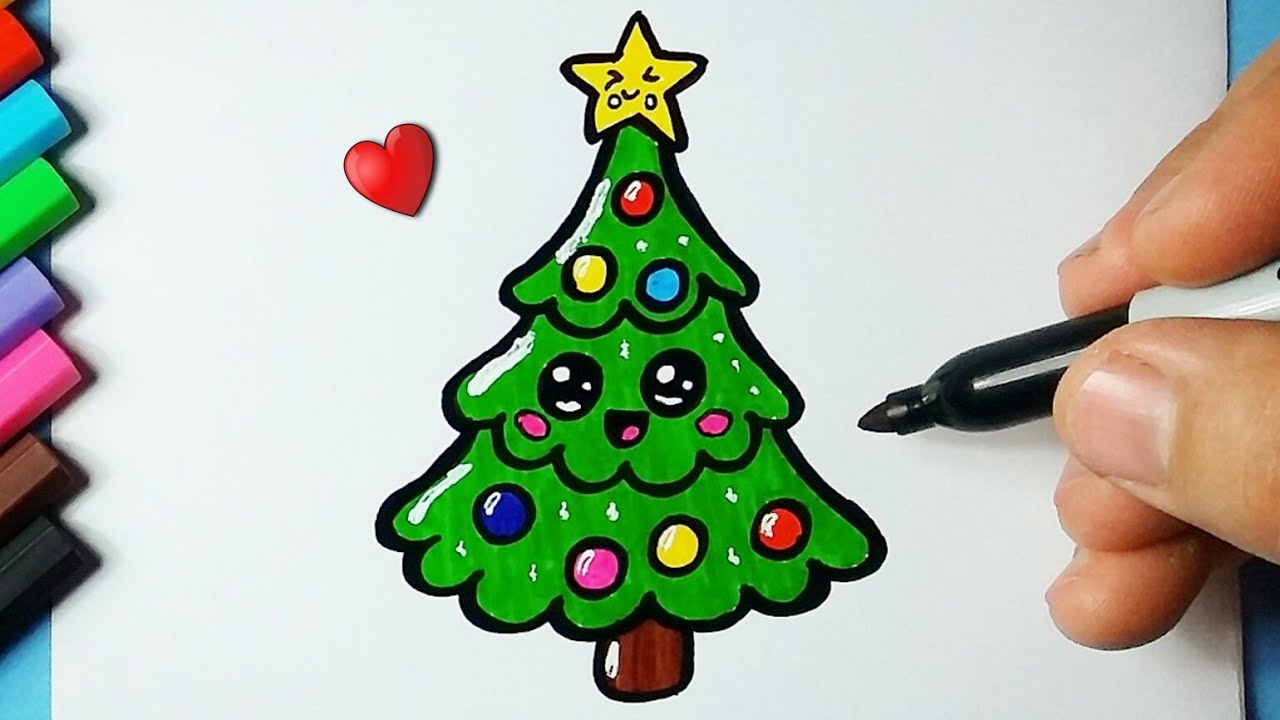 Como desenhar Árvore de Natal fofa ❤ Desenhos Kawaii - Desenho para Desenhar