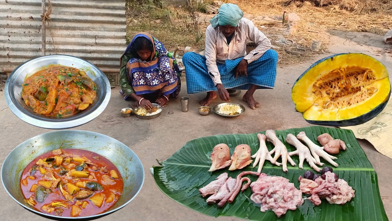 how to cook CHICKEN PARTS with PUMPKIN recipe by tribal mother father & BRINJAL POTATO POPPY cooking