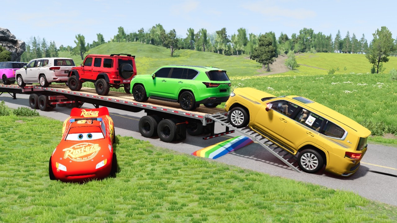 Flatbed Truck McQueen | Transportation with Truck - Speedbumps vs Cars vs Train - BeamNG.Drive #42