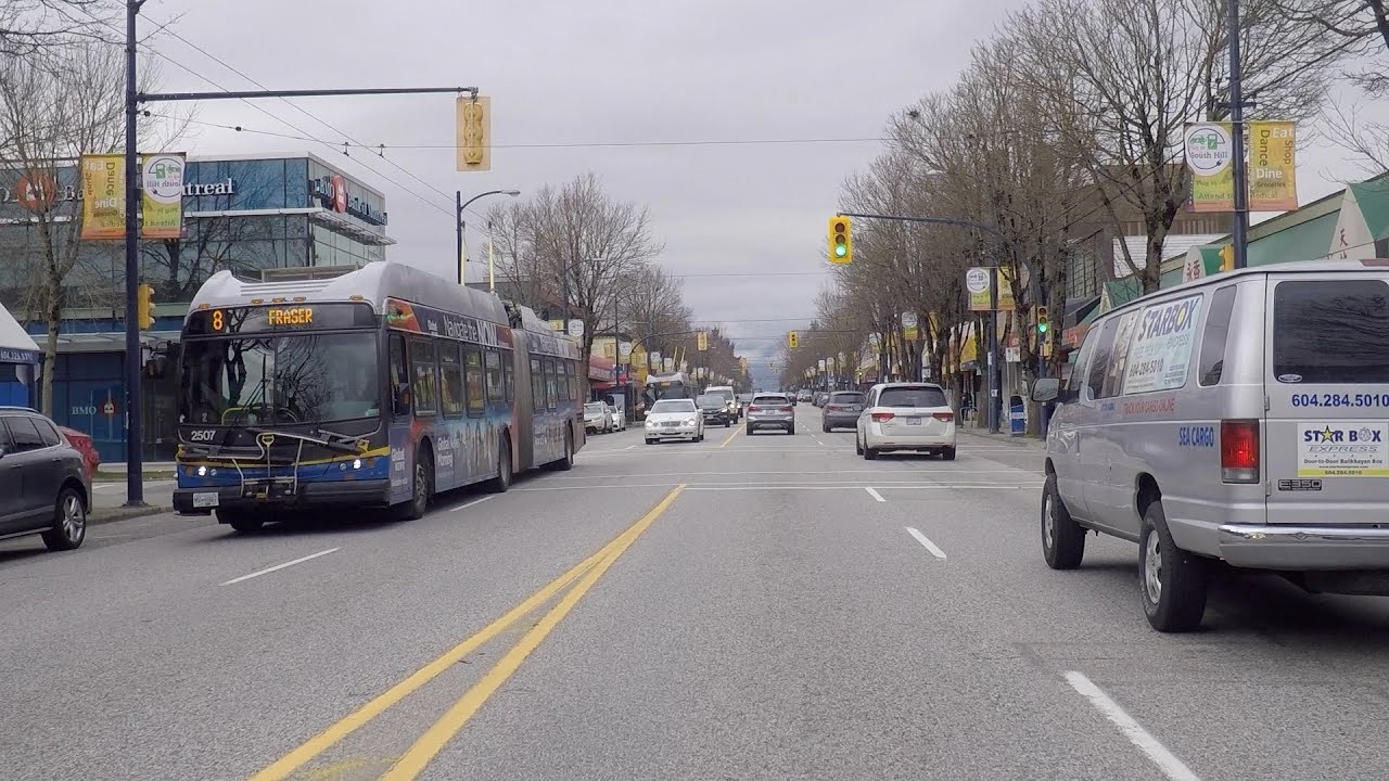 Vancouver Canada. Driving from Fraser Street to East Broadway. Life in the City. March 2020.
