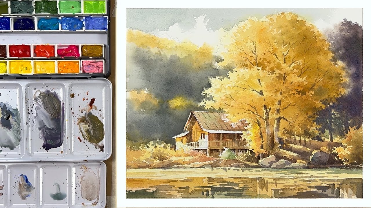 Landscape drawing with watercolor - Spring scene
