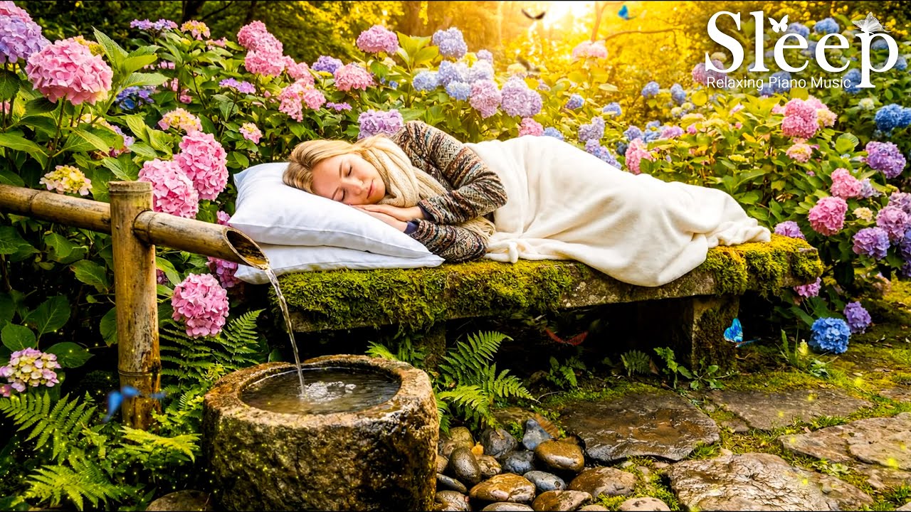 Sleep with Bamboo Water 🍁 Quiet Piano & Water Sounds 🌿 Night Relaxation