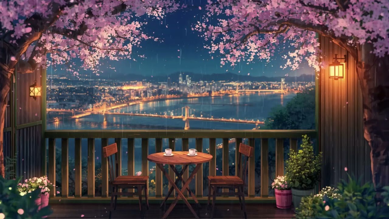 Rainy Sakura Evening 🌸 Cozy Balcony Overlooking the City Lights | Soft Lofi Beats for Deep Focus