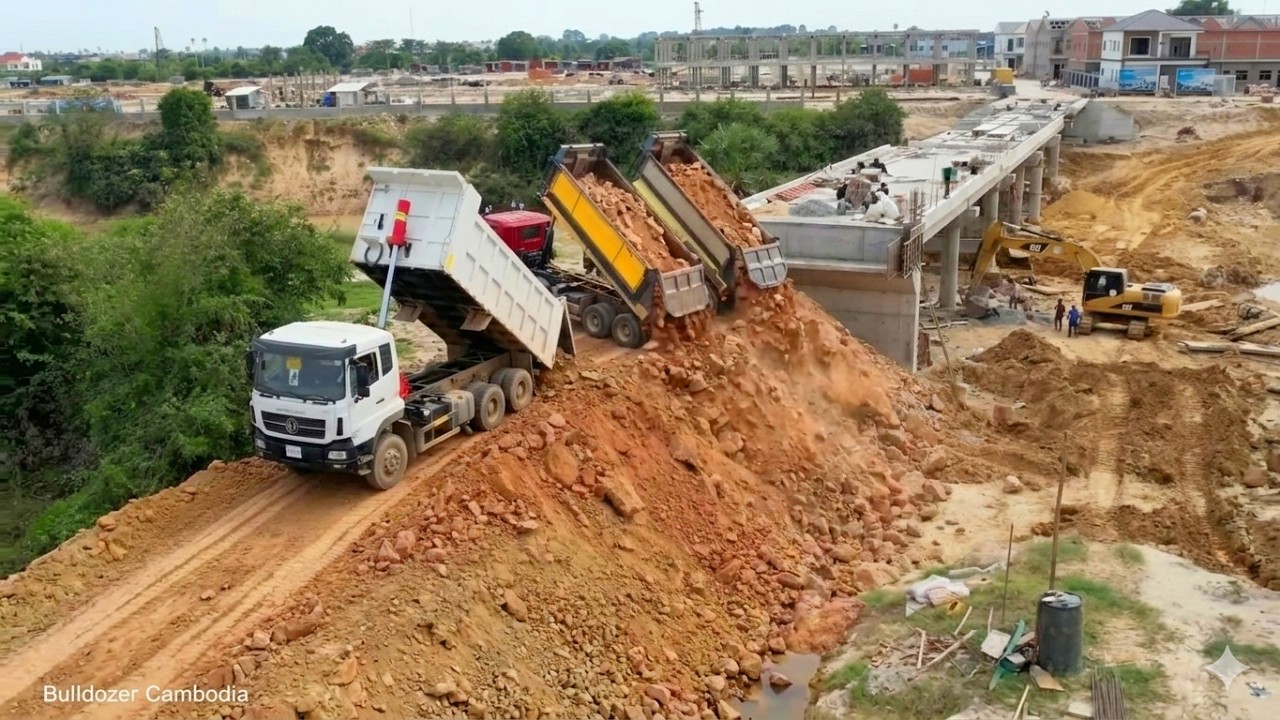 Powerful Dozer Pushing Soil & Dump Trucks Dumping Soil Build Road Best Connection Processing