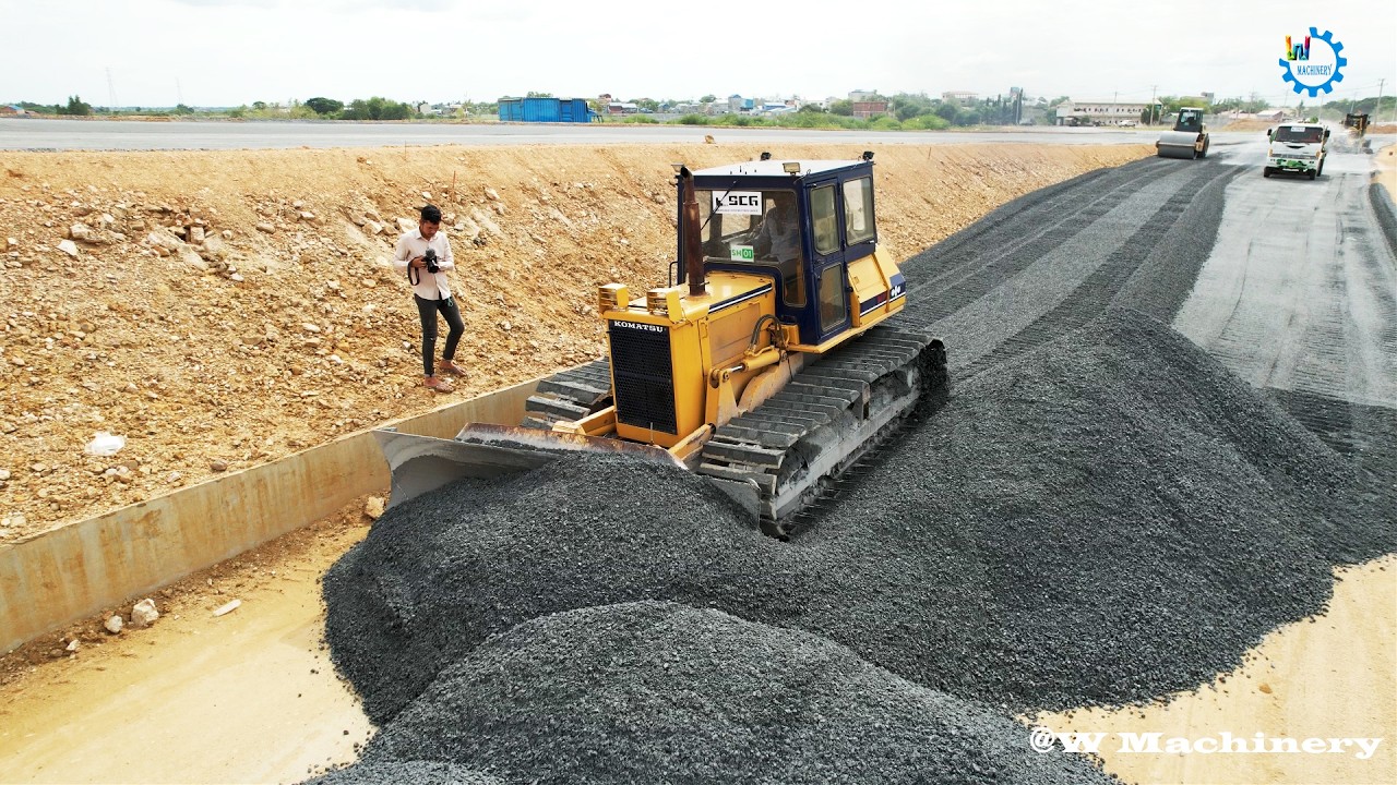 Wonderful Action Mixing Bulldozer Spreading Gravel Building Foundation New Roads Operator Machine