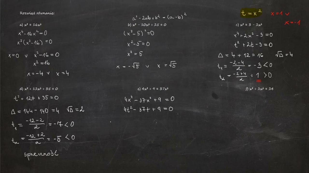 3.138. Rozwiąż równanie: a) x⁴ = 16x² b) x⁴ - 10x² + 25 = 0 c) x⁴ = 3 - 2x² d) x⁴ + 12x² + 35 = 0