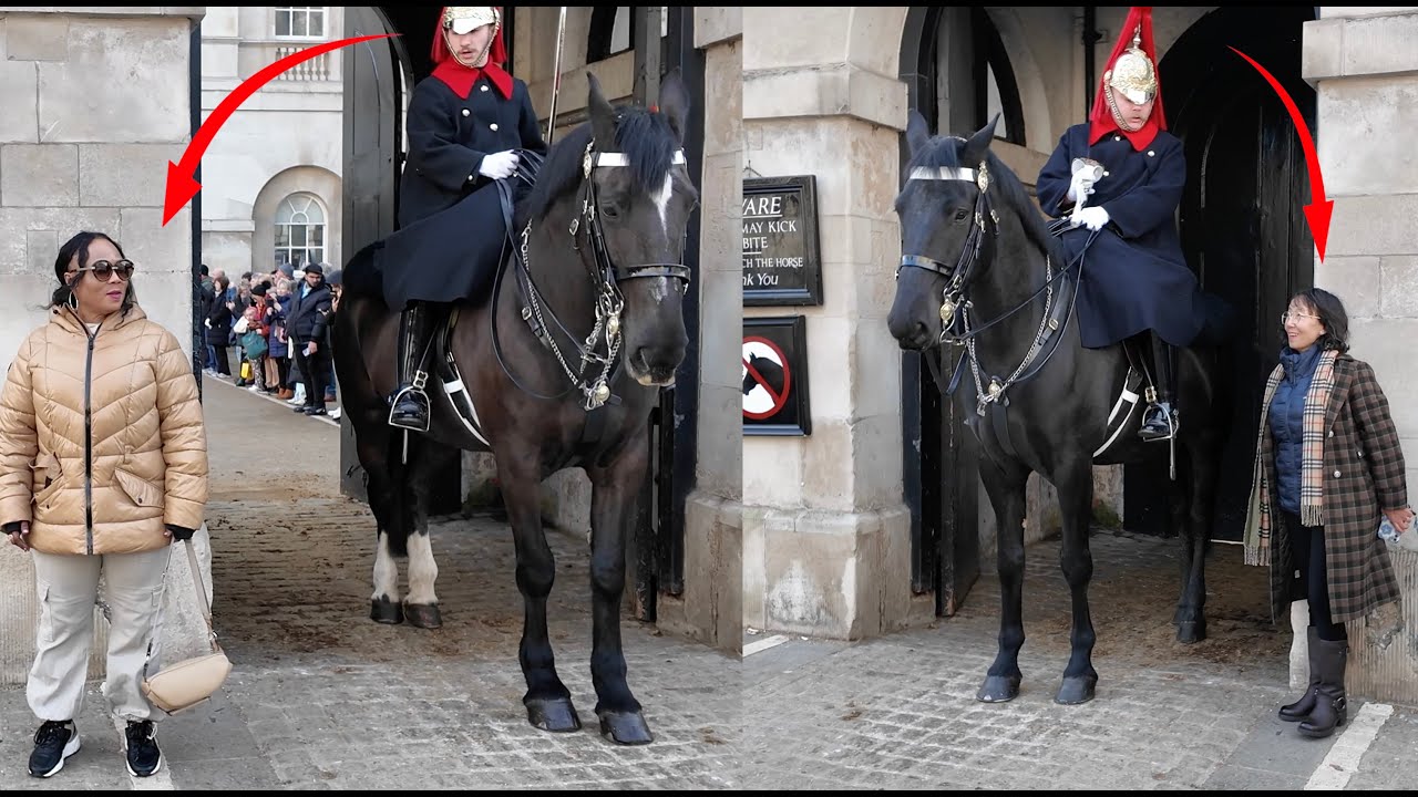 2 Amazing Guards.  At 3.50m she Decides to STEP inside the box, Guard instantly REPRIMANDS HER.