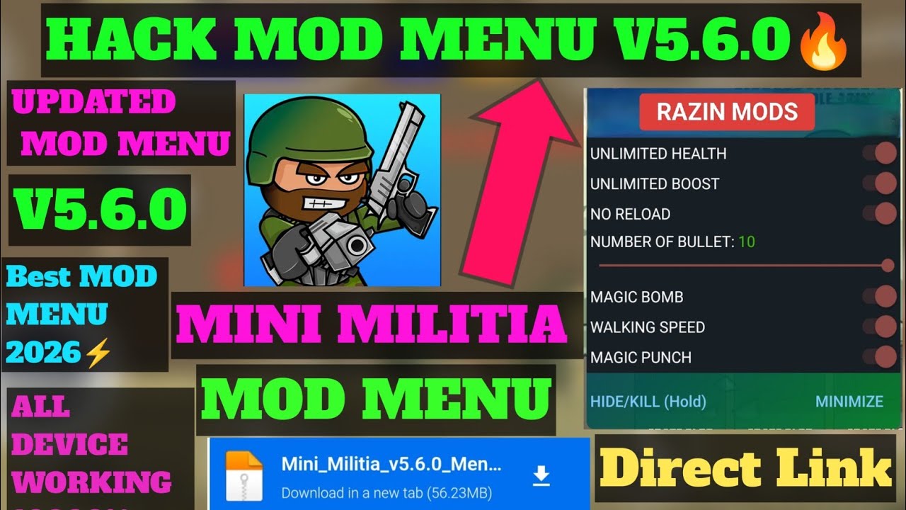 Мод-меню Mini Militia v5.6.0 | VIP-мод Mini Militia || Без пароля | Без ключа | Новое мод-меню 2026