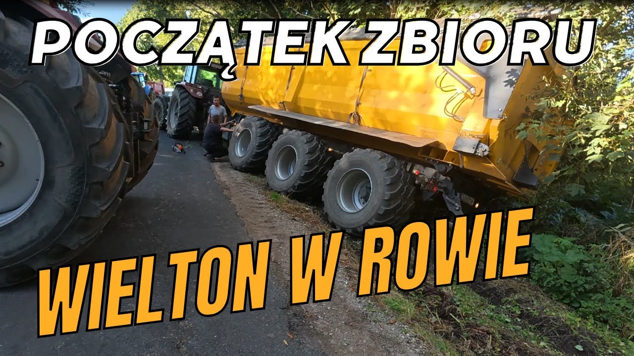 Przyczepa z ładunkiem ziemniaków utknęła. Zablokowana droga. Problem z wyciągnięciem przyczepy.
