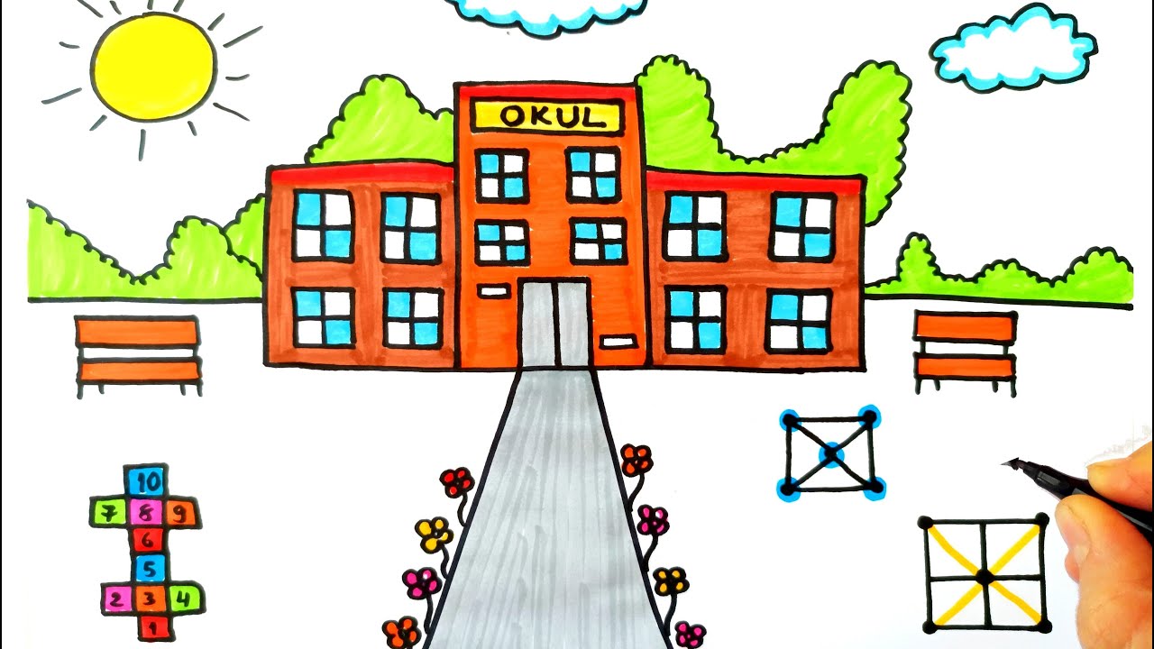 Kolay Okul Çizimi 🏫 Okul Çizimleri - Okul Resmi Nasıl Çizilir? - Okul Çizilişi - Drawing a School