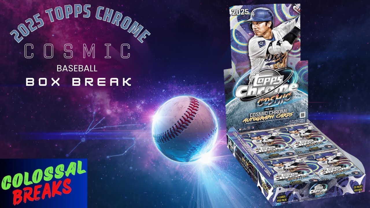 Распаковка коробки бейсбольной карточки Topps Chrome Cosmic Baseball 2025 года.