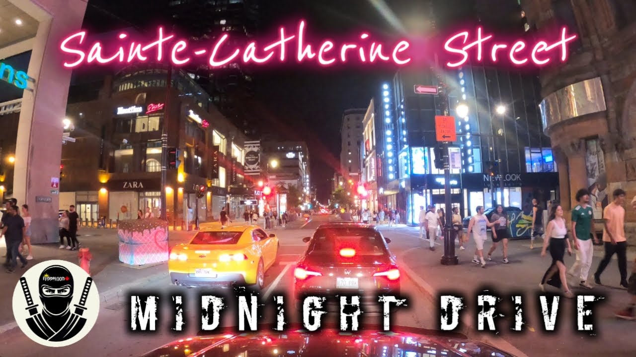 Montréal’s Most Popular Street  //  Sainte-Catherine Street  // Midnight Drive [4K]  //  2023