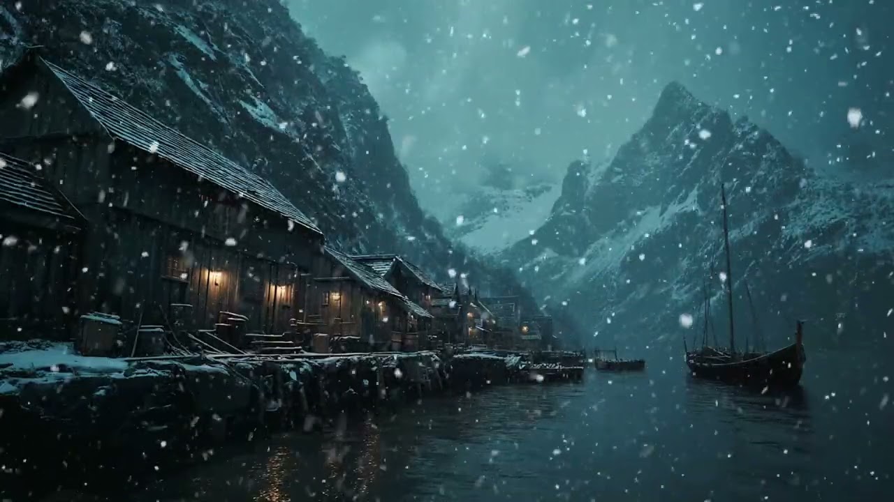 Viking Village Blizzard Ambience ❄️ Heavy Snowfall & Wind Sounds for Sleep, Study, Relax