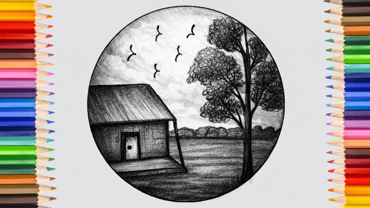 Easy Village Scenery Drawing with Pencil | Simple Rural Landscape Sketch🏞🏡