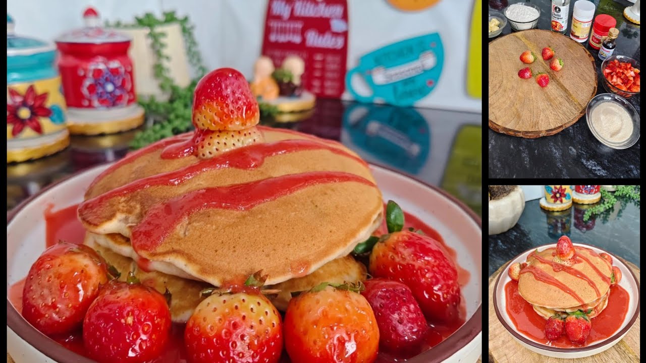 “Fluffy, fruity & made with love… eggless magic on a plate 🍓🥞💗”Strawberry pancakes 