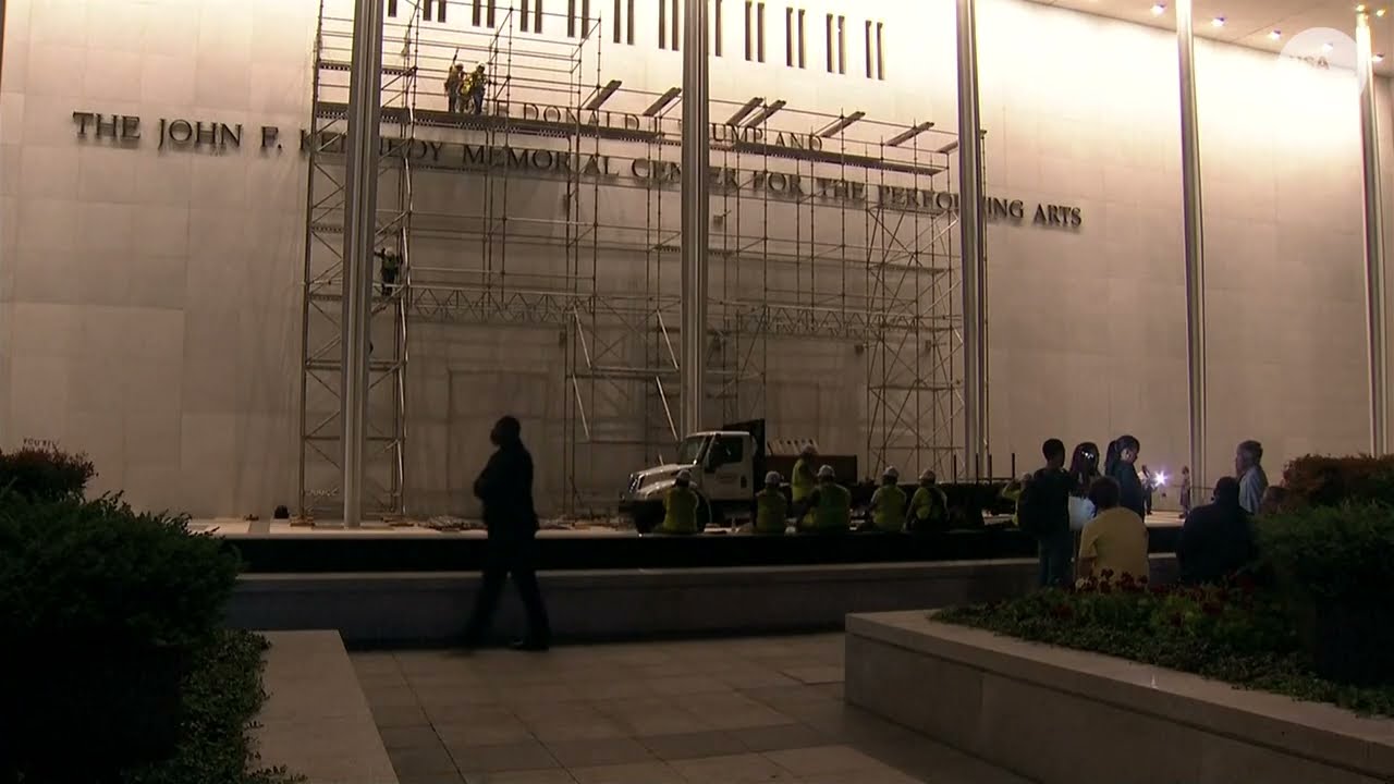 Trump name on Kennedy Center: Crowd chants for workers to 'take it down' after clock hits midnight
