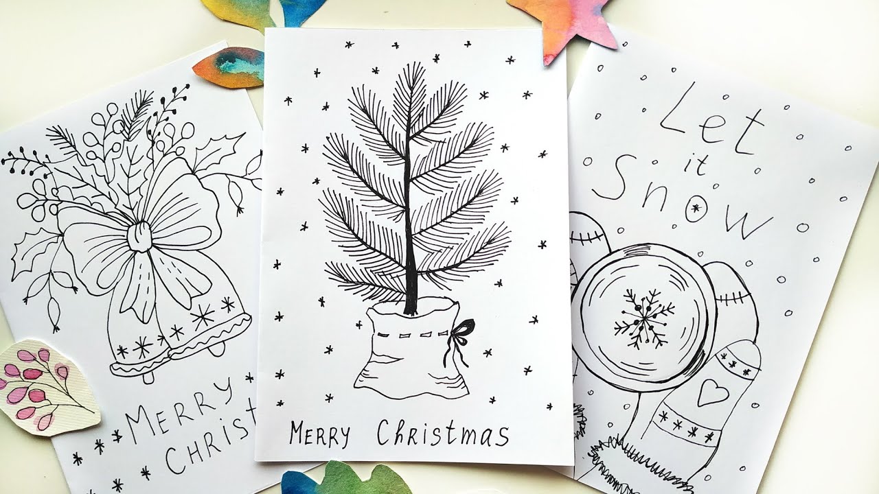 DIY Easy Christmas Cards - Doodles Drawing Ideas \ Line Art Tutorial