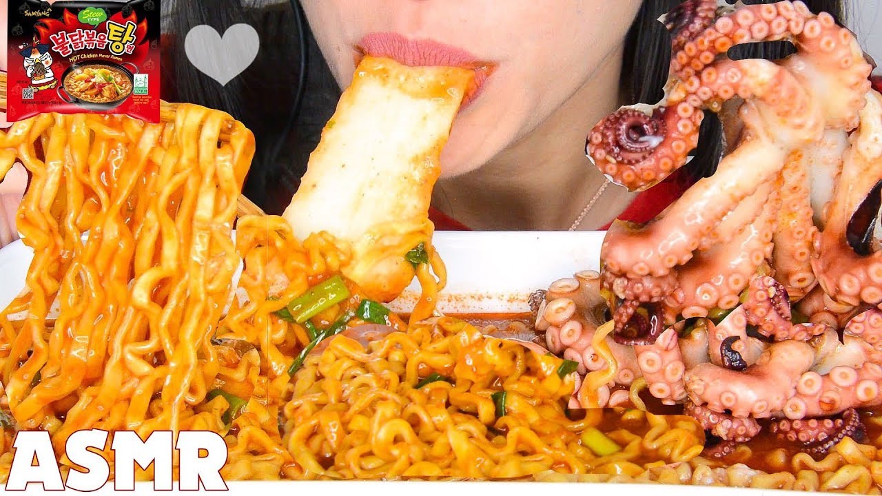 ASMR KIRI MOCHI & OCTOPUS SPICY FIRE NOODLES STEW TYPE - EATING SOUNDS [NO TALKING]