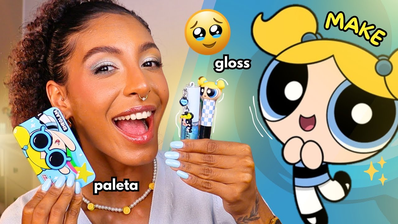 MAQUIAGEM DAS MENINAS SUPER PODEROSAS - Lindinha 🩵 (gloss, paleta de sombras, blush e iluminador)
