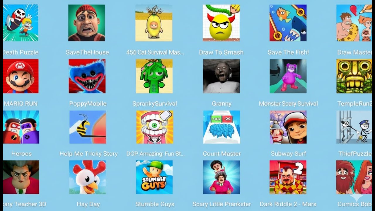 Roblox,Sprunki Survival,Stumble Guys,Temple Run 2,Thef Puzzle,DOP Amazing,Save The Fish,Heros