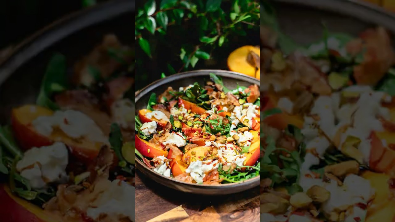 Peach Spinach Arugula Salad with Burrata, Bacon & Balsamic Glaze