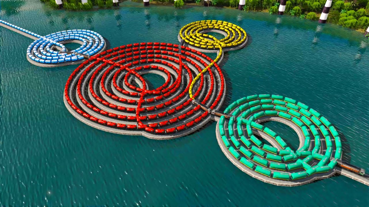 Incredible! Very Long Fast Train Four Color Spinning On The Extreme Four Rail Spiral Track🚂🚦⚠️Trains
