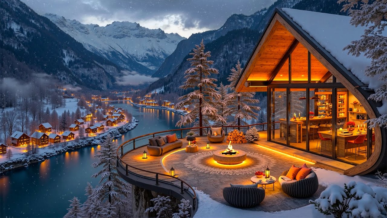 Warm & Deep Jazz Playlist ❄️ Snowy Terrace Caf&eacute; Ambience & Cozy Fireplace for Relaxing Winter Nights
