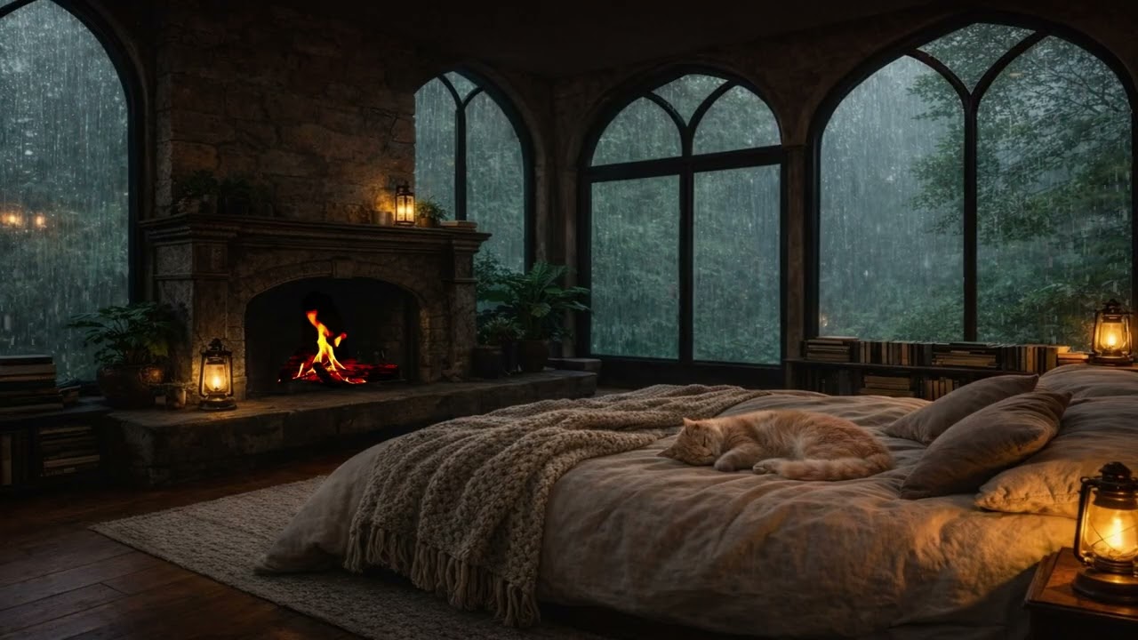 Rainy Night in a Cozy Bedroom 🌧️🔥 | Sleeping Cat, Fireplace & Rain Sounds for Deep Sleep (3 Hours)