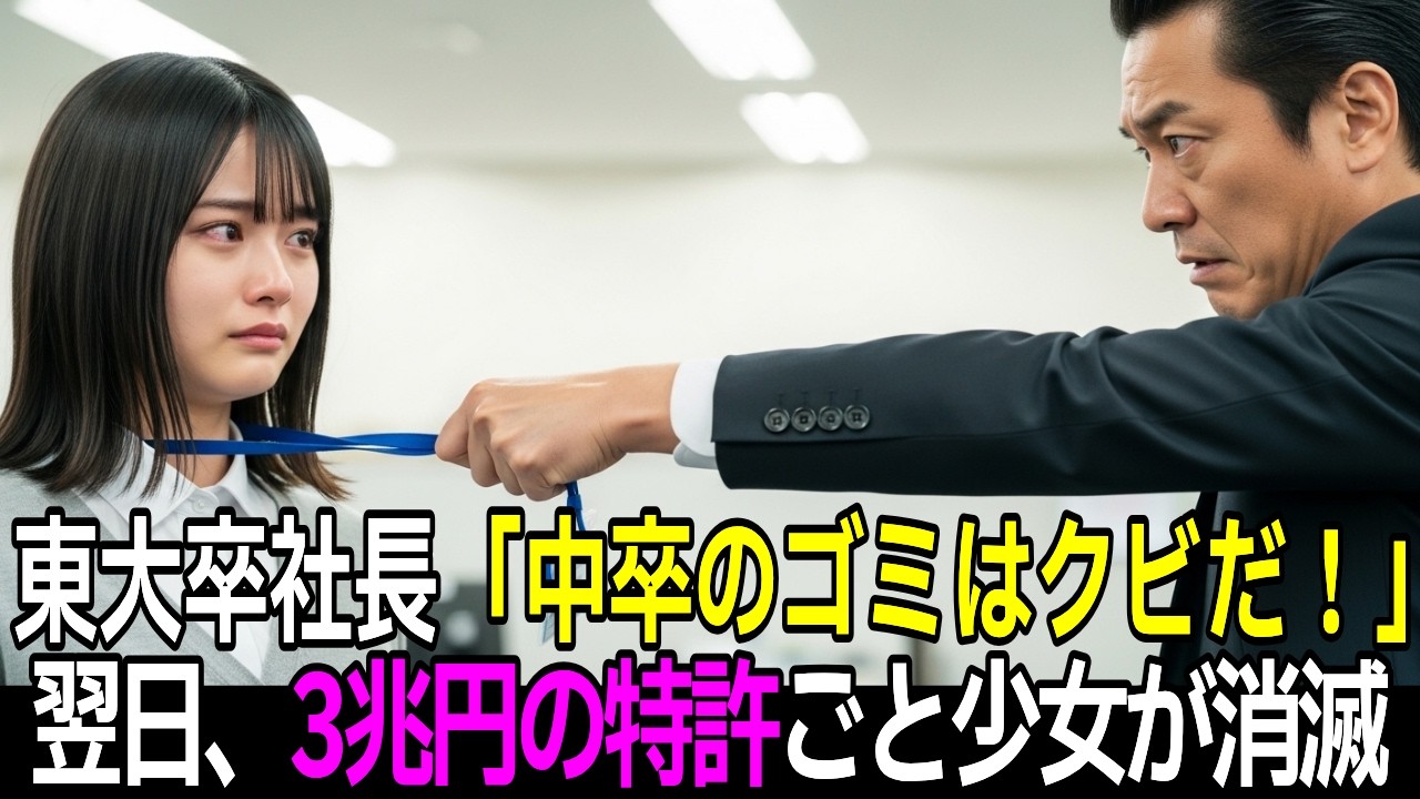 会社は破産し､業界追放へ。翌日､少女はライバル会社へ転職し､3兆円の特許が消滅。IQ200の天才少女と知らず､解雇する社長。